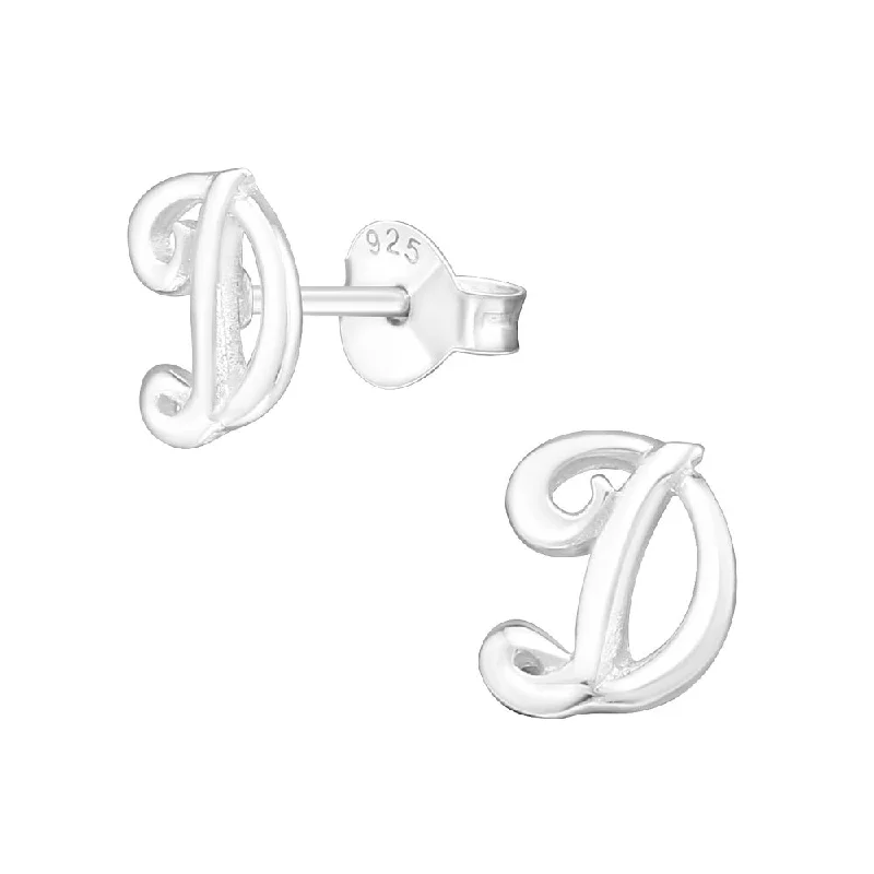 Stud Earrings with Vine Designs -Children's Sterling Silver 'Letter D' Stud Earrings