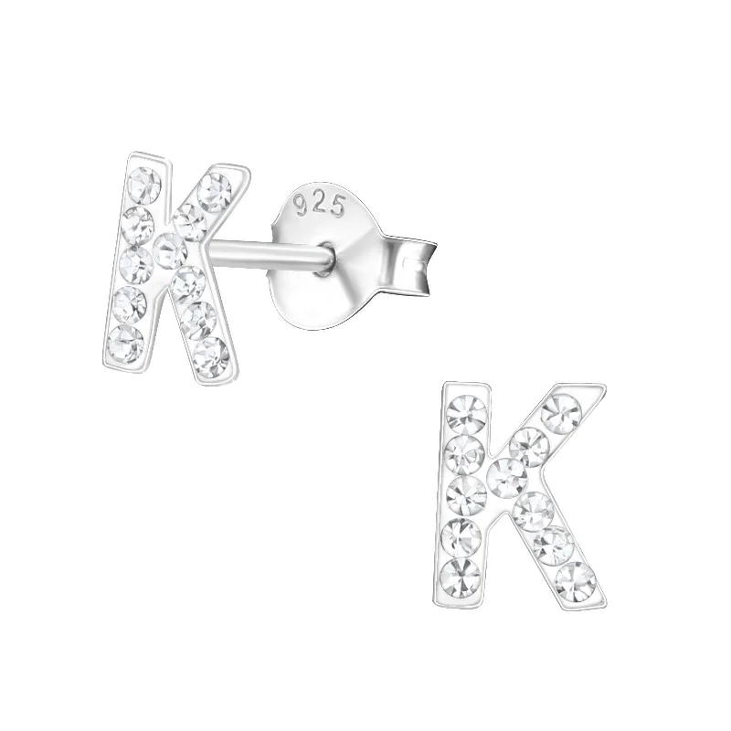 Stud Earrings with Wave Designs -Children's Sterling Silver 'Letter K' Crystal Stud Earrings