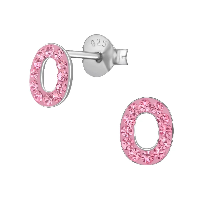 Stud Earrings with Chevron Designs -Children's Sterling Silver 'Letter O' Pink Crystal Stud Earrings