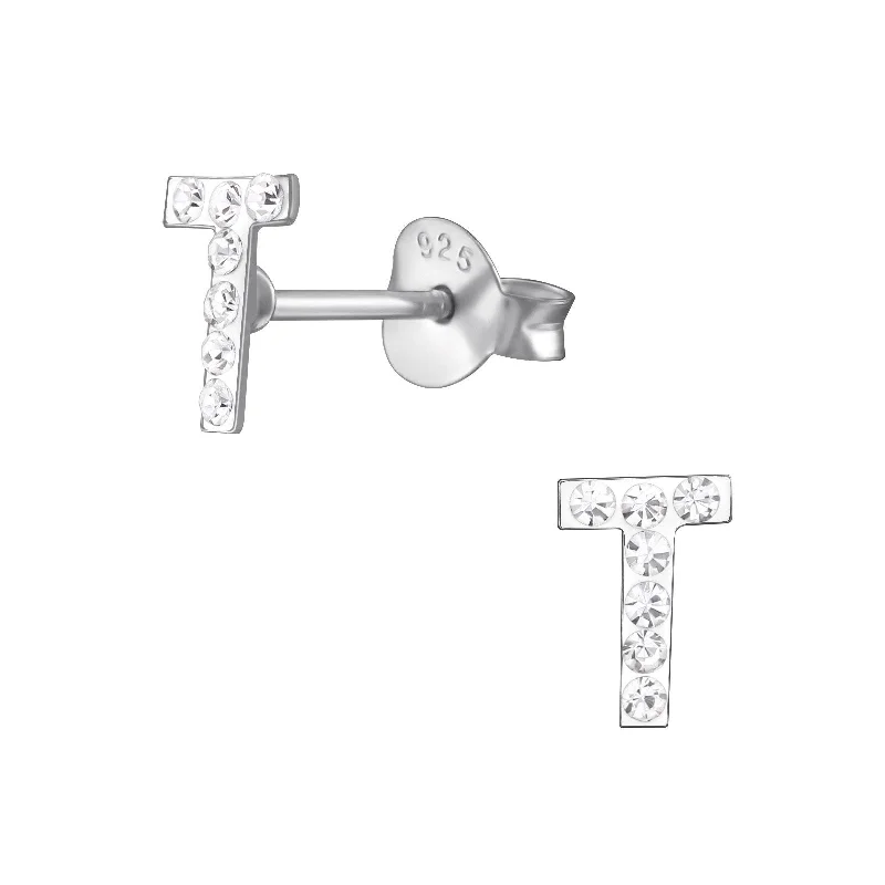 Crystal Stud Earrings for Sparkle -Children's Sterling Silver 'Letter T' Crystal Stud Earrings