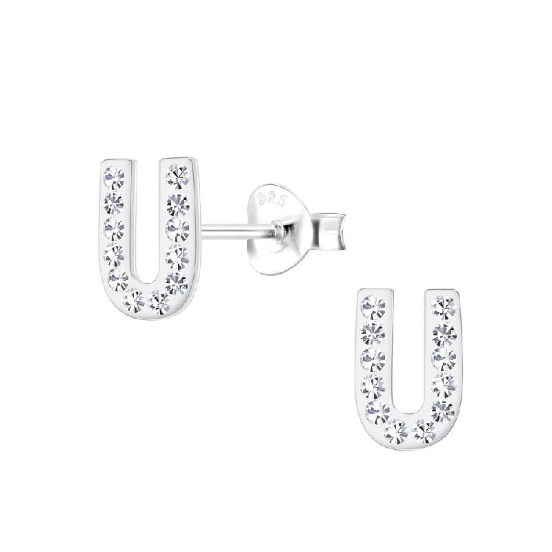 Hippie Stud Earrings with Beads -Children's Sterling Silver 'Letter U' Crystal Stud Earrings