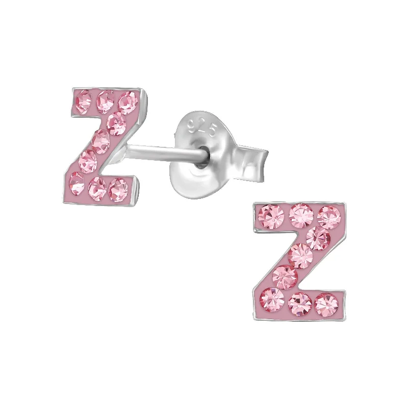 Heart Shaped Stud Earrings for Love -Children's Sterling Silver 'Letter Z' Pink Crystal Stud Earrings