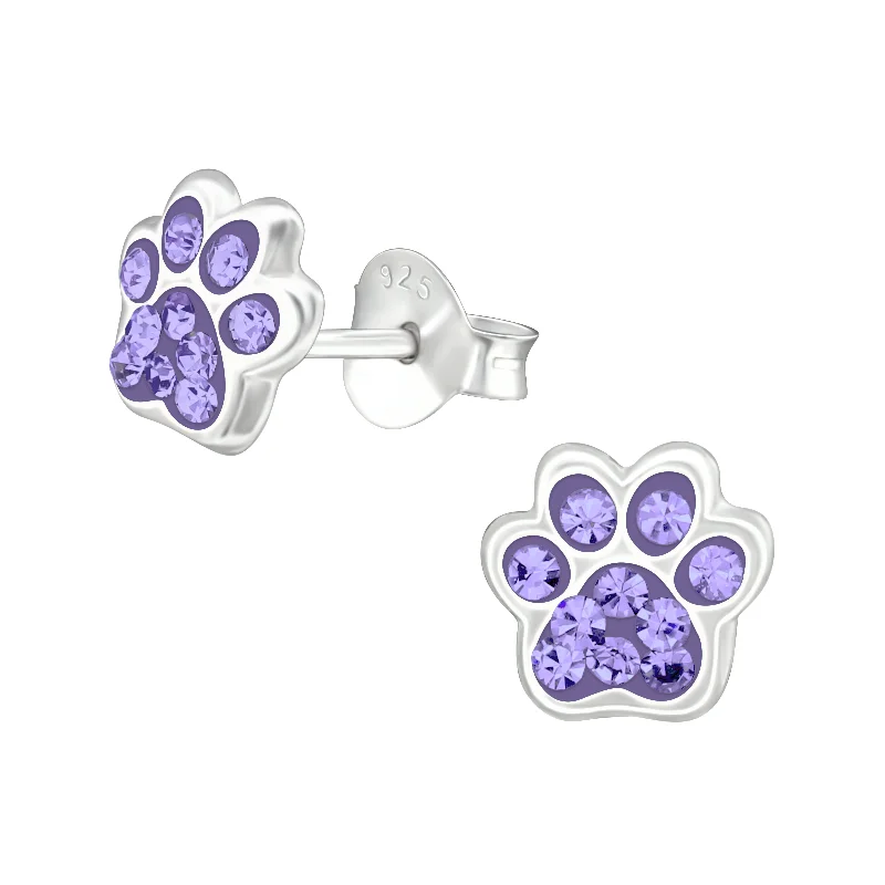 Stud Earrings for Beach Outfit -Children's Sterling Silver 'Lilac Purple Sparkle Paw' Crystal Stud Earrings