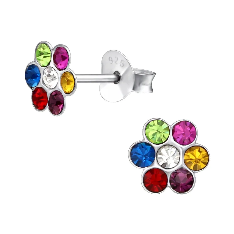 Gothic Stud Earrings with Dark Tone -Children's Sterling Silver Multi-Coloured Diamante Flower Stud Earrings