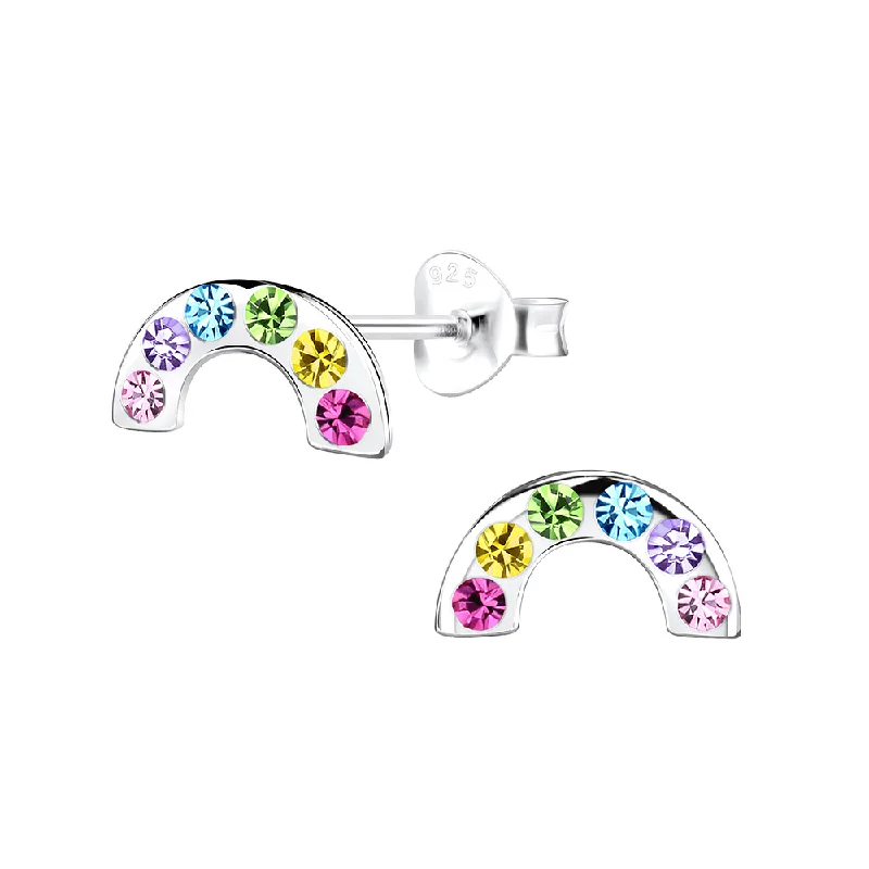 Magnetic Closure Stud Earrings for Easy -Children's Sterling Silver 'Multicolored Sparkle Rainbow' Crystal Stud Earrings