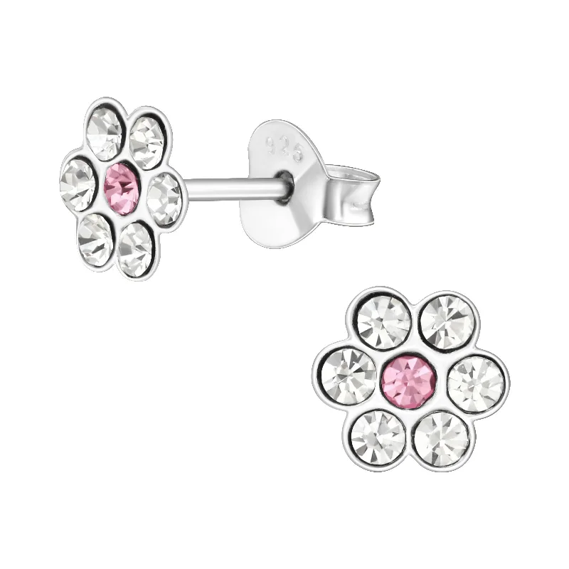 Stud Earrings with Hammered Finish -Children's Sterling Silver Pink and Clear Diamante Flower Stud Earrings