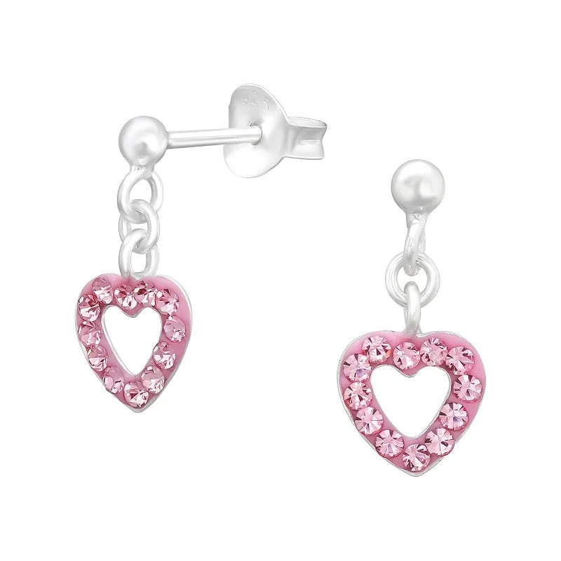 Stud Earrings with Etching -Children's Sterling Silver 'Pink Crystal Drop Open Heart' Stud Earrings