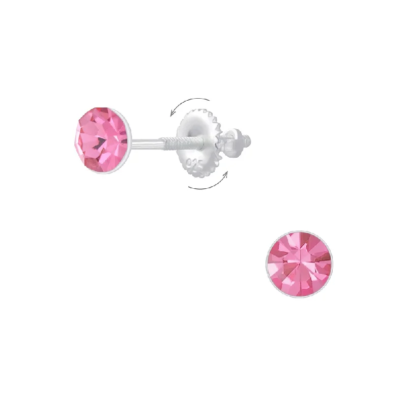 Stud Earrings with Star Motifs -Children's Sterling Silver Pink Crystal Screw Back Stud Earrings