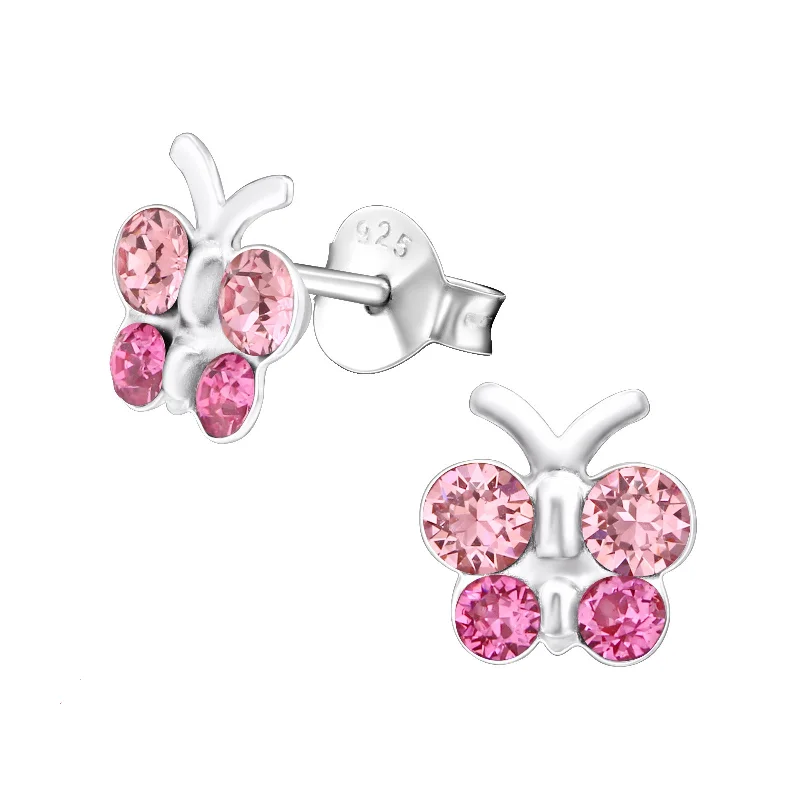 Lead Free Stud Earrings for Health -Children's Sterling Silver Pink Diamante Butterfly Stud Earrings