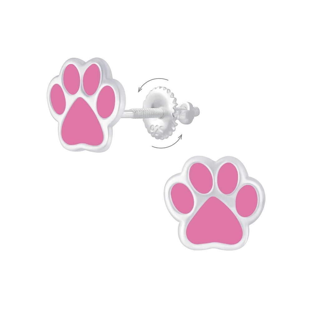 Silver Stud Earrings for Men -Children's Sterling Silver 'Pink Paw Print' Screw Back Stud Earrings