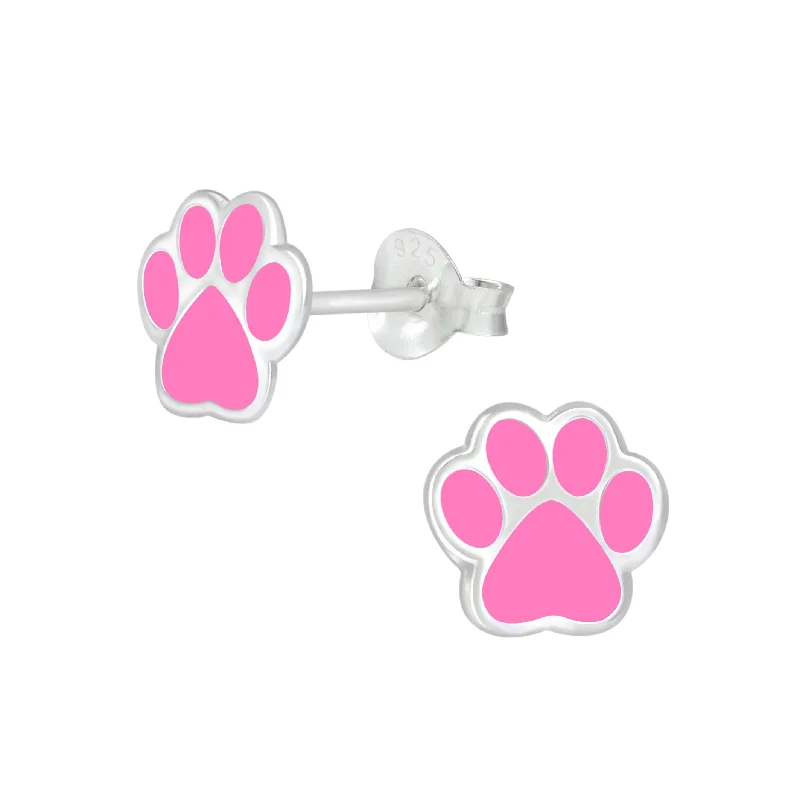 Maximalist Stud Earrings for Bling -Children's Sterling Silver 'Pink Paw Print' Stud Earrings