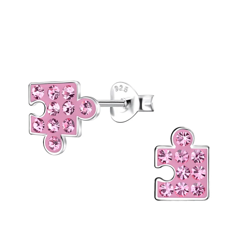 African Stud Earrings with Culture -Children's Sterling Silver 'Pink Sparkle Jigsaw Puzzle Piece' Crystal Stud Earrings