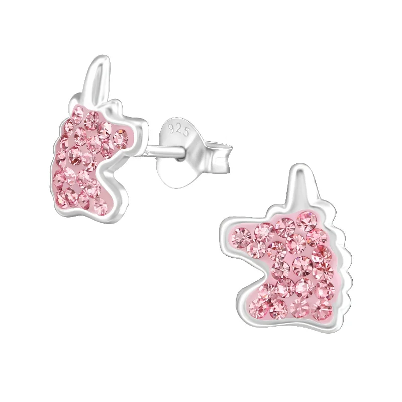 Silver Stud Earrings for Men -Children's Sterling Silver 'Pink Sparkle Unicorn' Crystal Stud Earrings