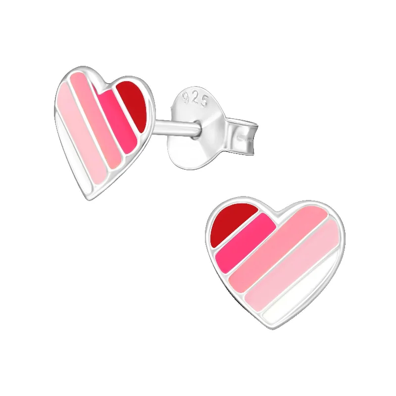 Hippie Stud Earrings with Beads -Children's Sterling Silver 'Pink Striped Heart' Stud Earrings