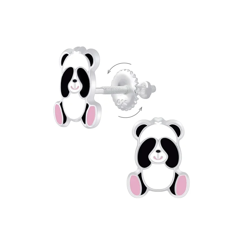 Pearl Stud Earrings for Elegance -Children's Sterling Silver 'Playful Panda' Screw Back Stud Earrings