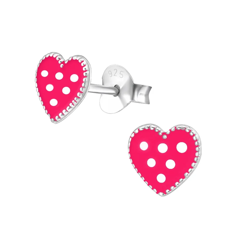 Small Stud Earrings for Delicate -Children's Sterling Silver Polka Dot Pink Heart Stud Earrings