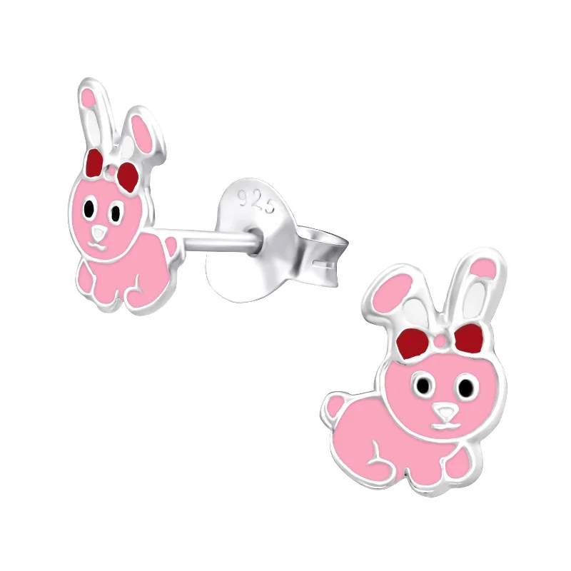 Vintage Stud Earrings with Patina -Children's Sterling Silver 'Pretty Pink Bunny Rabbit' Stud Earrings