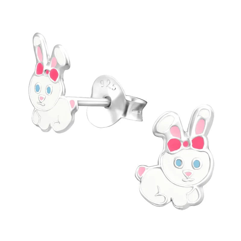 Maximalist Stud Earrings for Bling -Children's Sterling Silver 'Pretty White Bunny Rabbit' Stud Earrings