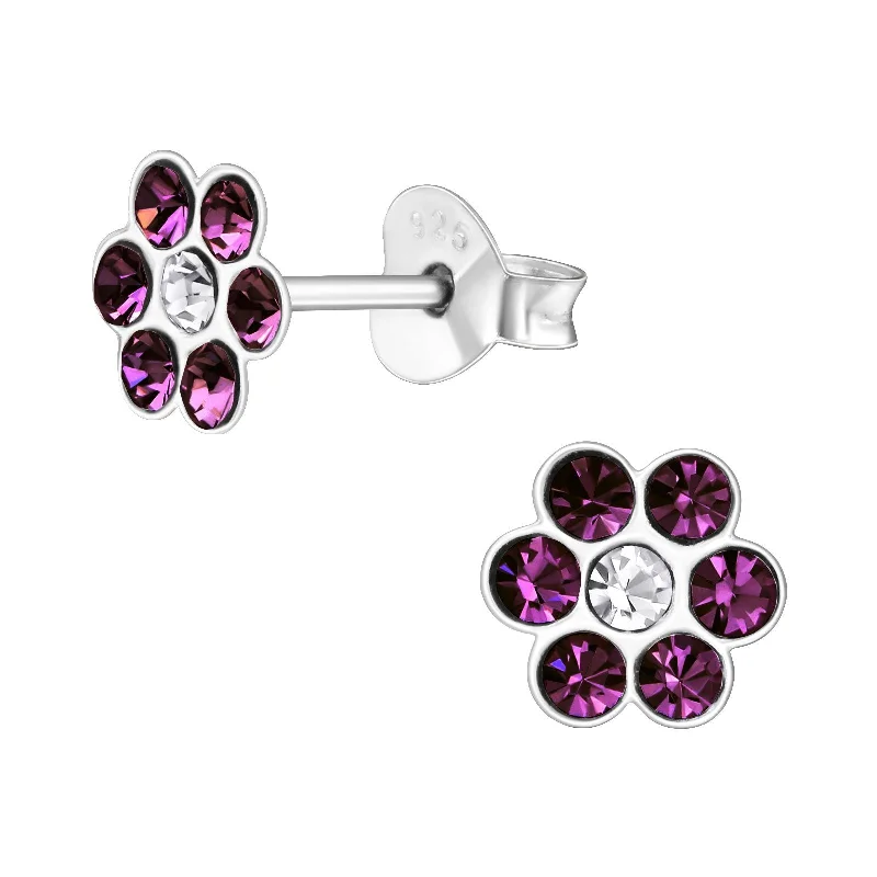 Oval Stud Earrings for Grace -Children's Sterling Silver Purple Diamante Flower Stud Earrings