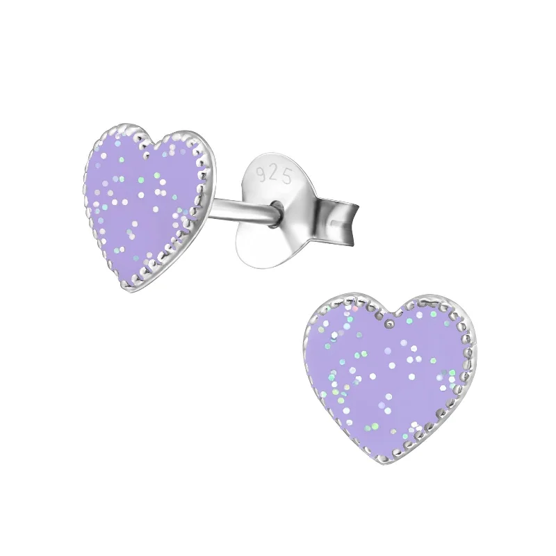 Ethnic Stud Earrings with Tribal Design -Children's Sterling Silver Purple Glitter Heart Stud Earrings