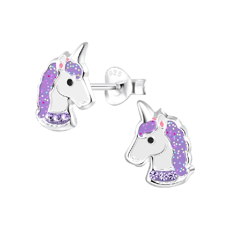 Ethnic Stud Earrings with Tribal Design -Children's Sterling Silver Purple Glitter Unicorn Stud Earrings