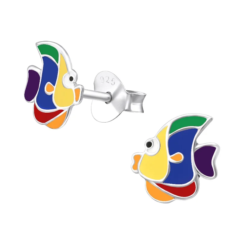 Gemstone Stud Earrings for Color -Children's Sterling Silver Rainbow Fish Stud Earrings