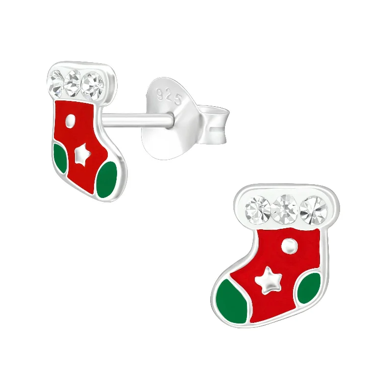 Stud Earrings with Crystals -Children's Sterling Silver Red and Green Christmas Stocking Stud Earrings