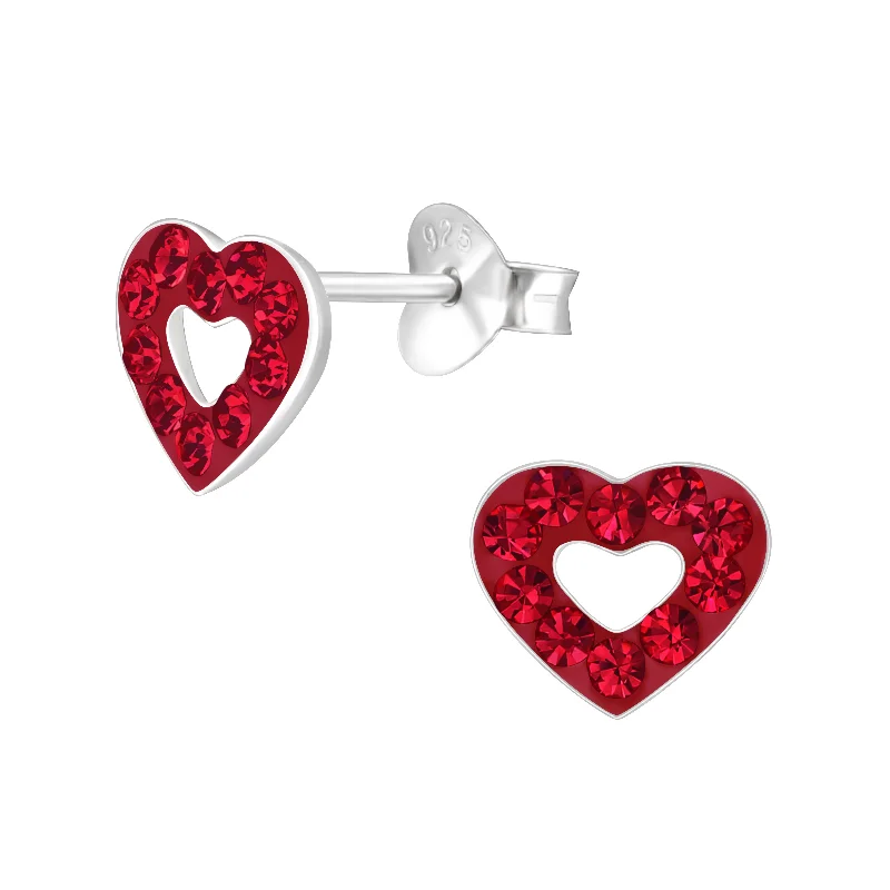 Round Stud Earrings for Classic -Children's Sterling Silver 'Red Crystal Love Heart' Stud Earrings