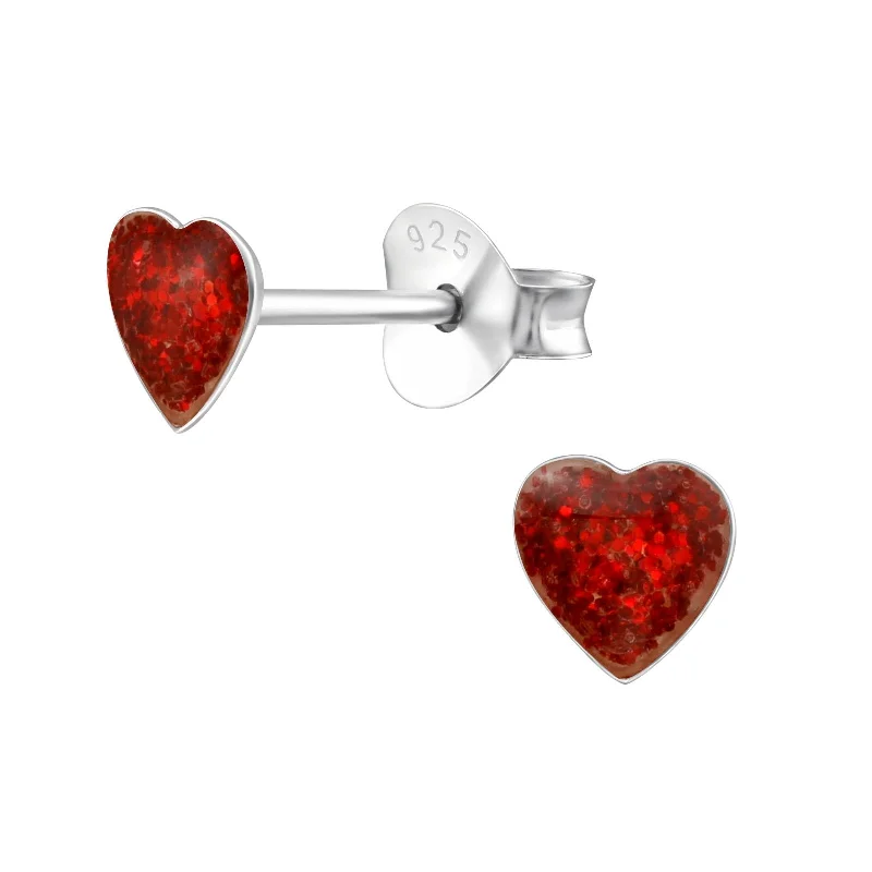 Hypoallergenic Stud Earrings for Sensitive -Children's Sterling Silver Red Glitter Heart Stud Earrings