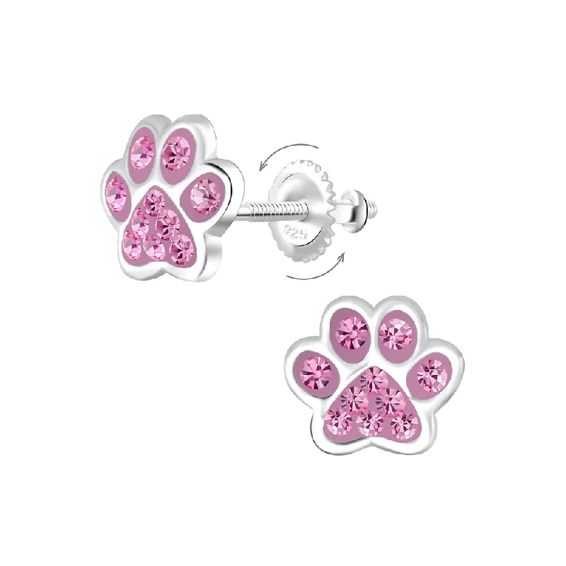 Stud Earrings for Fitness Activities -Children's Sterling Silver 'Rose Pink Crystal Paw' Screw Back Stud Earrings