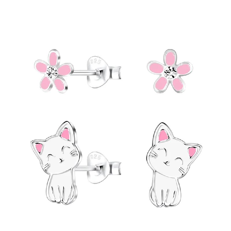 Multi Stud Earrings with Chains -Children's Sterling Silver Set of 2 Pairs of 'I love Cats' Stud Earrings