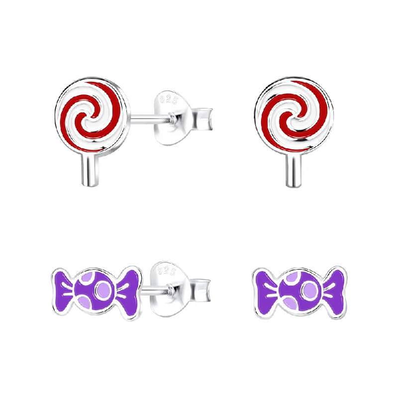 Triple Stud Earrings for Layered -Children's Sterling Silver Set of 2 Pairs of 'Sweet Treats' Themed Stud Earrings