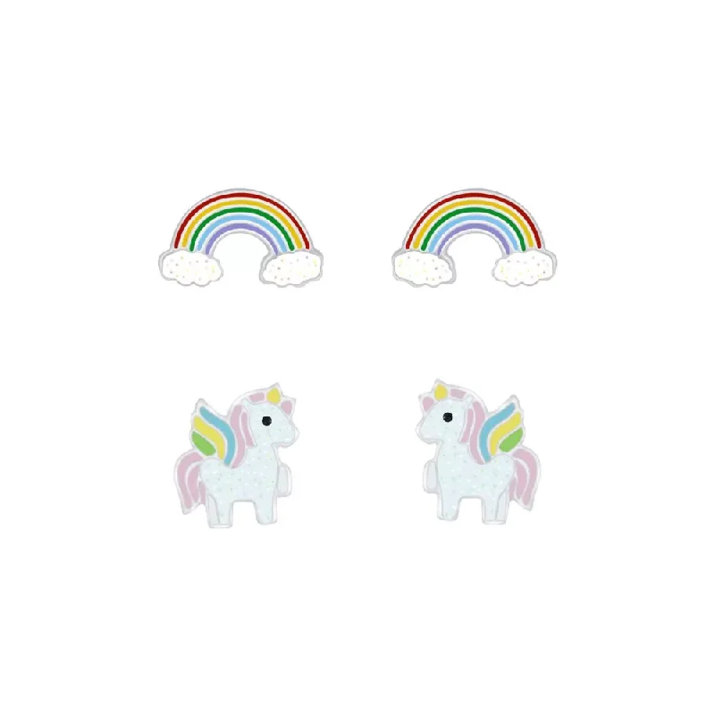 Adjustable Stud Earrings for Custom Fit -Children's Sterling Silver Set of 2 Pairs of Sparkle Unicorn and Rainbow Stud Earrings