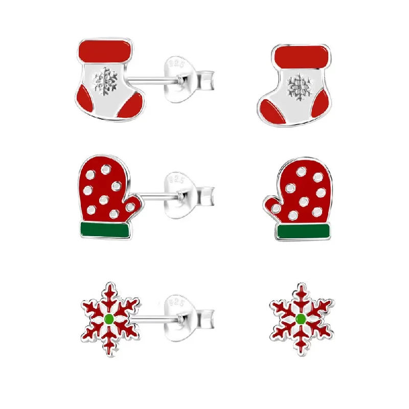 Waterproof Stud Earrings for Outdoor -Children's Sterling Silver Set of 3 Pairs of Christmas Holiday Themed Stud Earrings