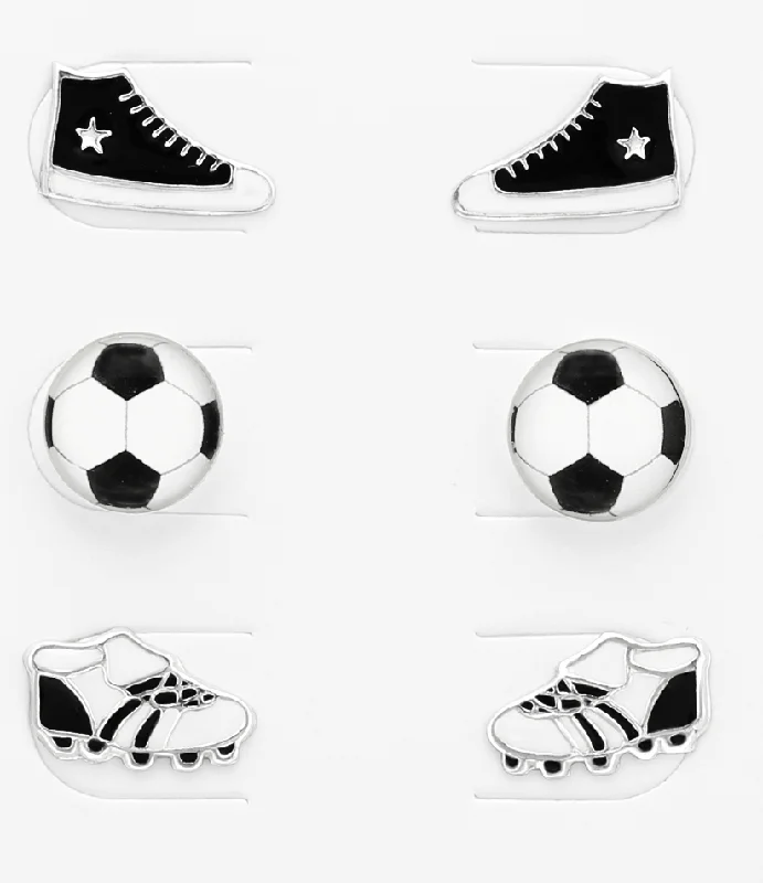 Push Back Stud Earrings for Convenience -Children's Sterling Silver Set of 3 Pairs of Football Themed Stud Earrings