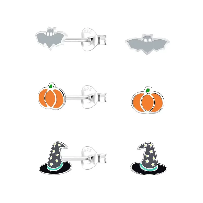 Hypoallergenic Stud Earrings for Sensitive -Children's Sterling Silver Set of 3 Pairs of Spooky Halloween Themed Stud Earrings