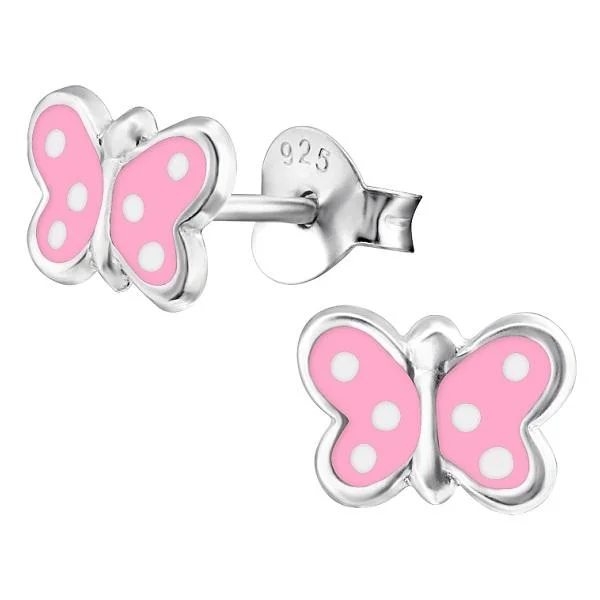 Stud Earrings with Abstract Designs -Children's Sterling Silver Spotty Pink Butterfly Stud Earrings