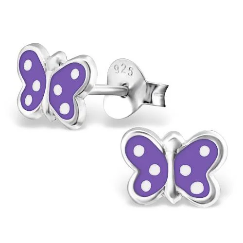 Floral Stud Earrings with Petals -Children's Sterling Silver Spotty Purple Butterfly Stud Earrings