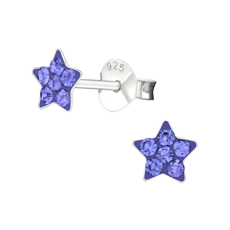 Stud Earrings with Abstract Designs -Children's Sterling Silver 'Tanzanite Purple Crystal Star' Stud Earrings