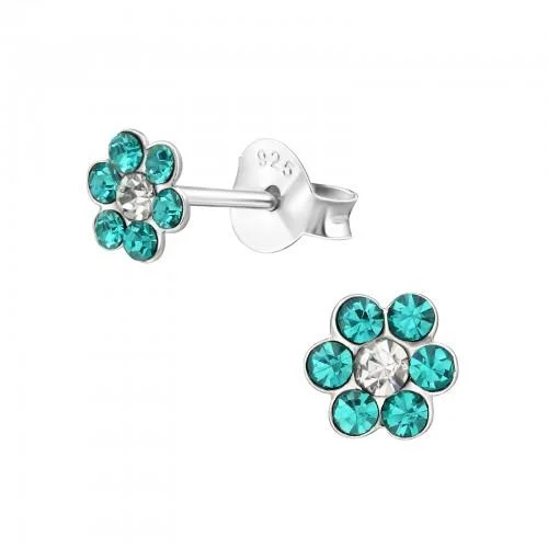 Star Shaped Stud Earrings for Charm -Children's Sterling Silver Turquoise Diamante Flower Stud Earrings