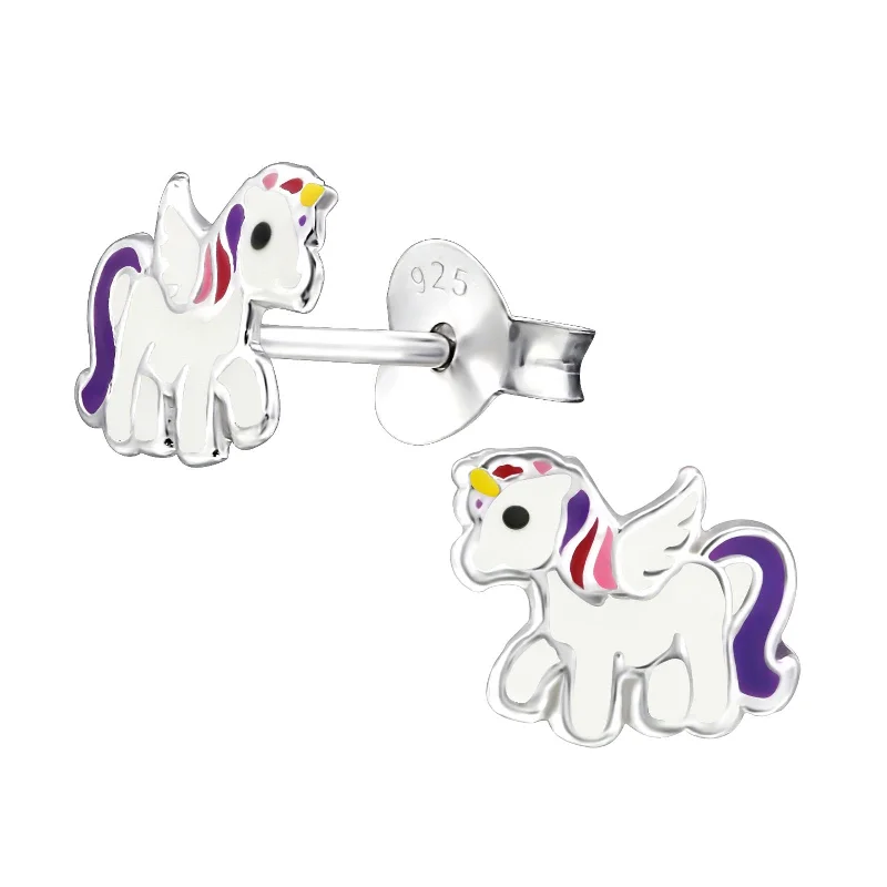 Triple Stud Earrings for Layered -Children's Sterling Silver White Unicorn Stud Earrings