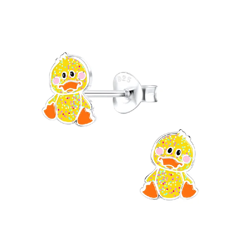 Stud Earrings for Valentine's Day -Children's Sterling Silver 'Yellow Glitter Duckling' Stud Earrings