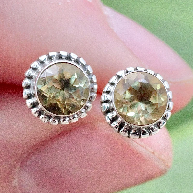 Retro Stud Earrings for Nostalgia -Citrine Round Stud Earrings - Faceted - Sterling Silver