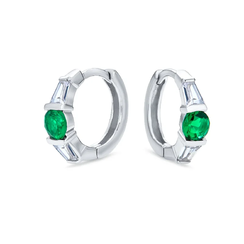 Large Drop Earrings for Statement -Classic Dainty Green White CZ Hoop Earrings with Baguette Solitaire Sterling Silver