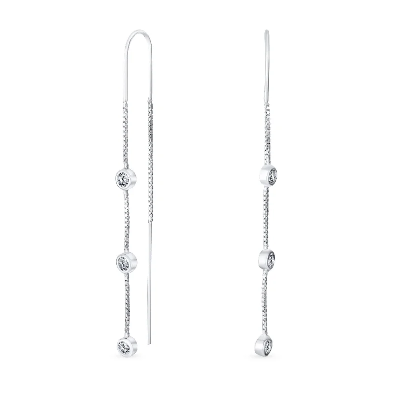 Drop Earrings with Floral Motifs -Classic Minimalist Dangle Chandelier Earrings with CZ in Sterling Silver Linear Design