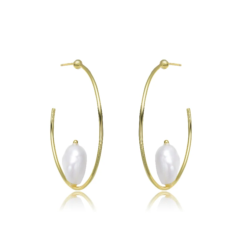 Pearl Drop Earrings for Elegance -Classy Sterling Silver with Gold Plating and Genuine Freshwater Pearl Hoop Earrings