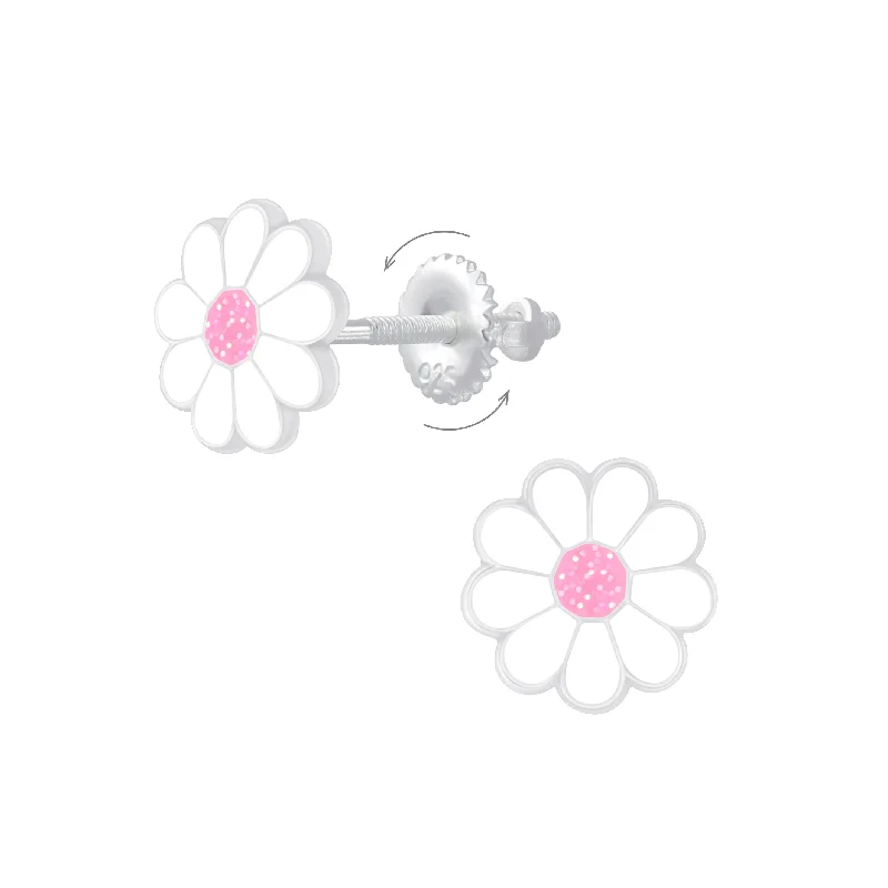 Stud Earrings with Chevron Designs -Children's Sterling Silver 'White and Pink Flower' Screw Back Stud Earrings