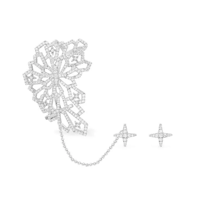 Nickel Free Drop Earrings for Safety -Cutout Statement Ear Cuff with Chain and Star Studs - White Silver