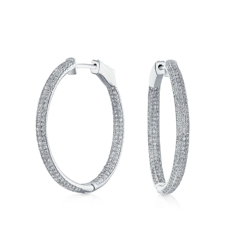 Long Drop Earrings for Dramatic -Large Round Pave Set CZ Hoop Earrings with Hinged Lock Sterling Silver 1.25" Diameter