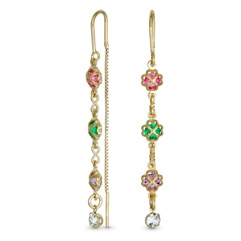 Drop Earrings with Vine Designs -Delicate Pastel Crystal Dangle Earrings with Heart & Clover 18K Gold Plated